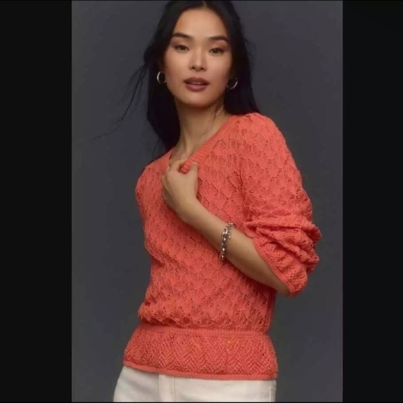 Anthropologie Sweaters - Anthropologie Flounce hem pointelle sweater orange XXL Crochet boho cottagecore